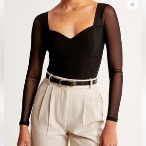 Long-Sleeve Mesh Crepe Sweetheart Bodysuit ABERCROMBIE AND FITCH